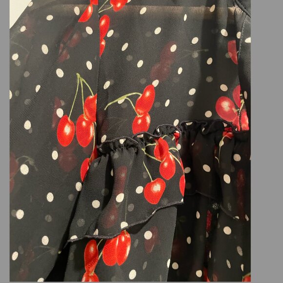 Cute Print Polka Dot Cherry Ruffle Longsleeve Semi Sheer Blouse - Picture 3 of 4